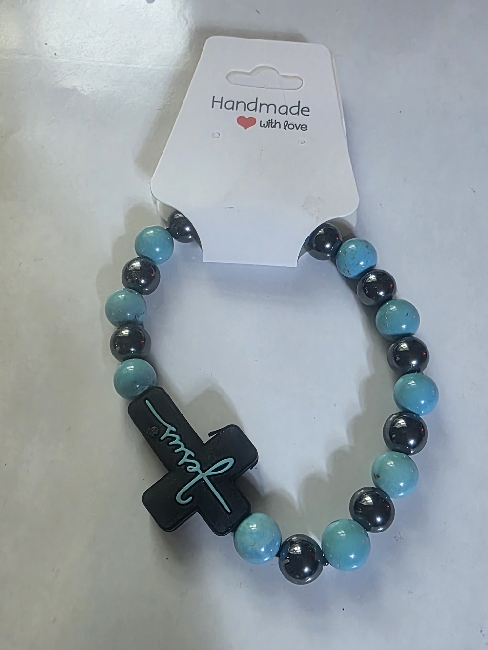 Handmade Turquoise & Hematite Beaded Bracelet with Cross
